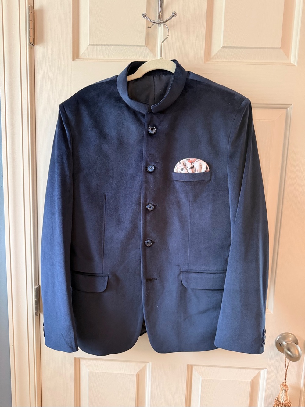Navy Velvet Mandarin-Collar Blazer with Pocket Square